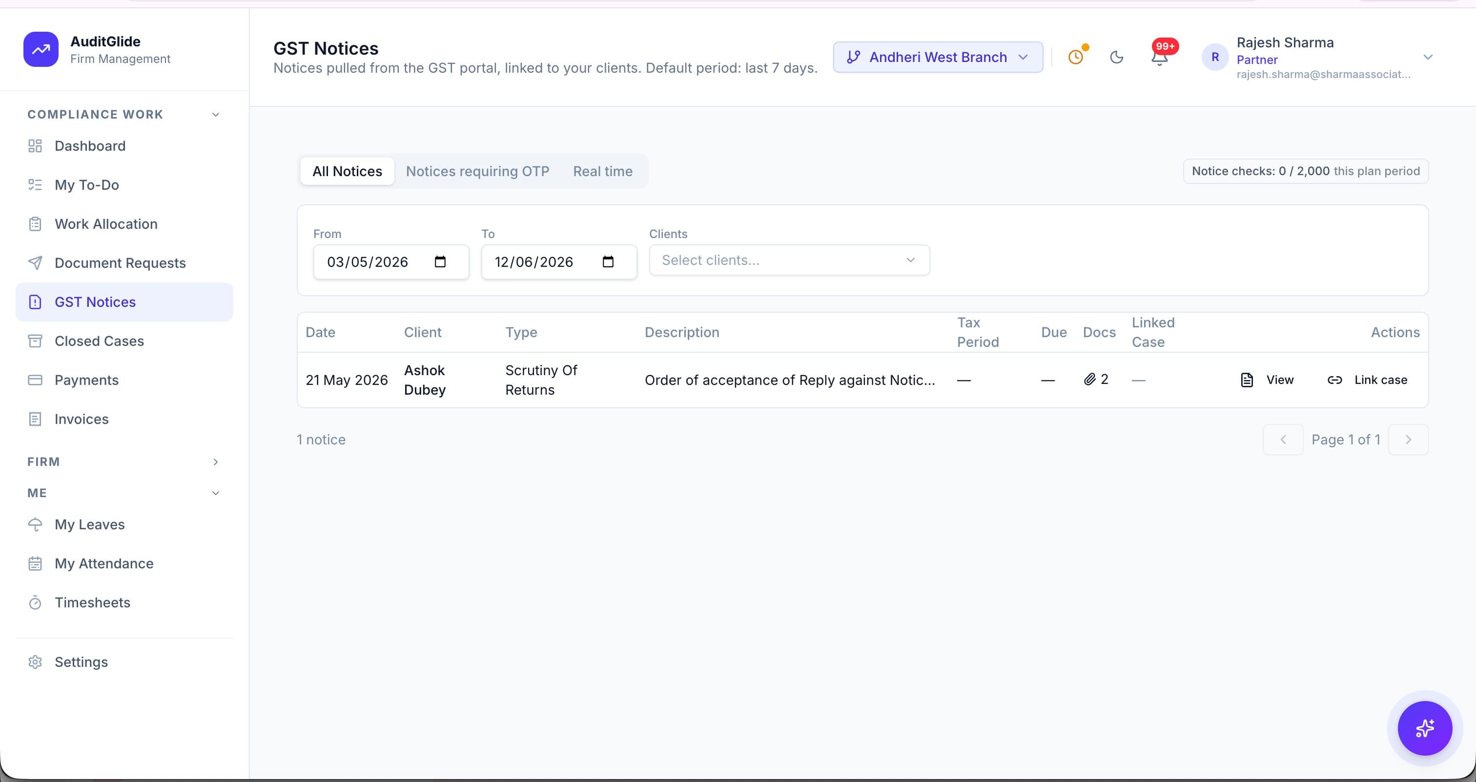 GST notice management software screen showing pulled notices and the metered check wallet