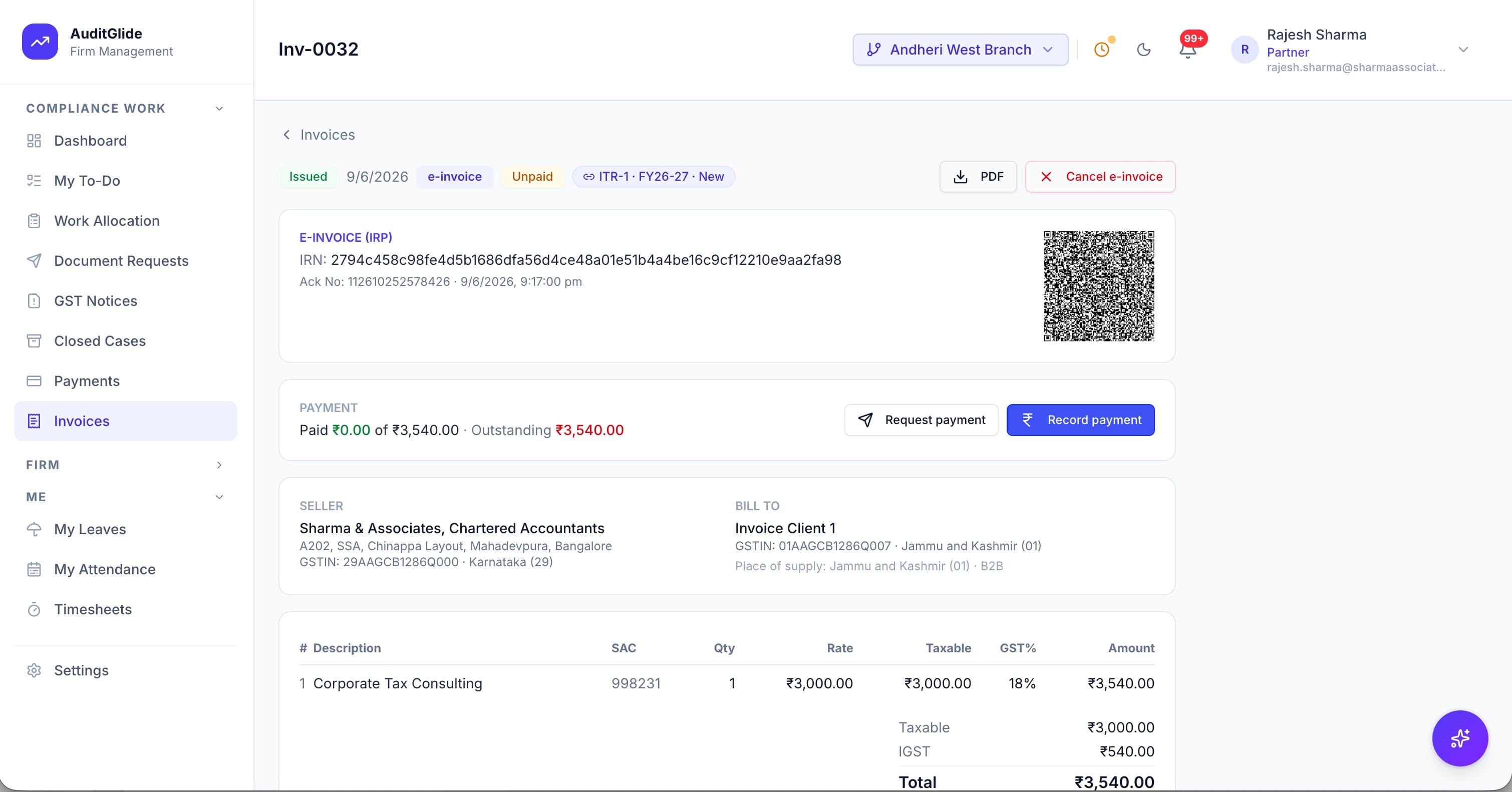 E-invoicing software for CAs and tax practitioners showing a GST invoice with UPI payment collection